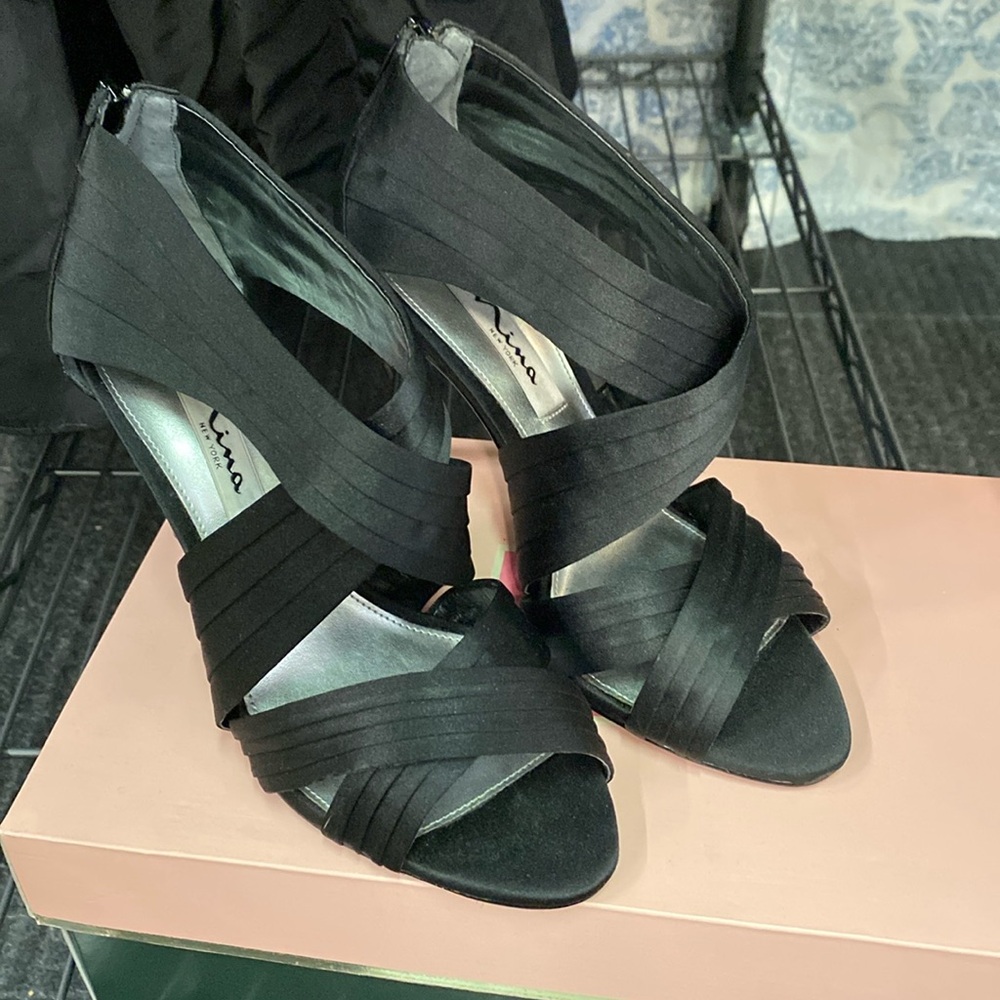 Nina black satin strap heels